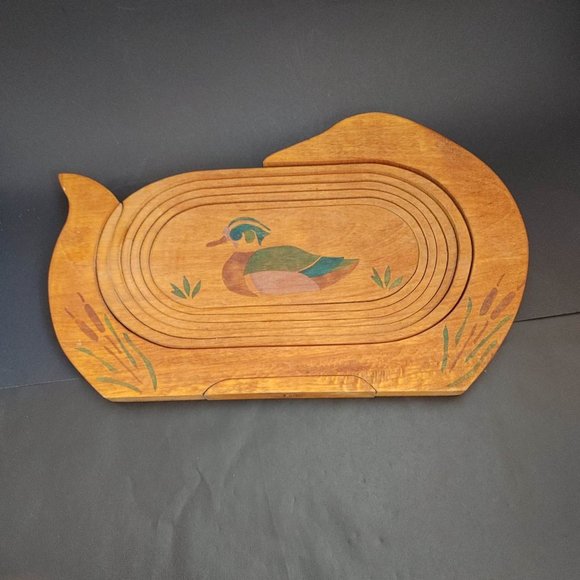 Duck Collapsible Wood Spiral Cut Basket Fruit Bowl Trivet w/ Duck Accent 14.75" - Picture 4 of 9